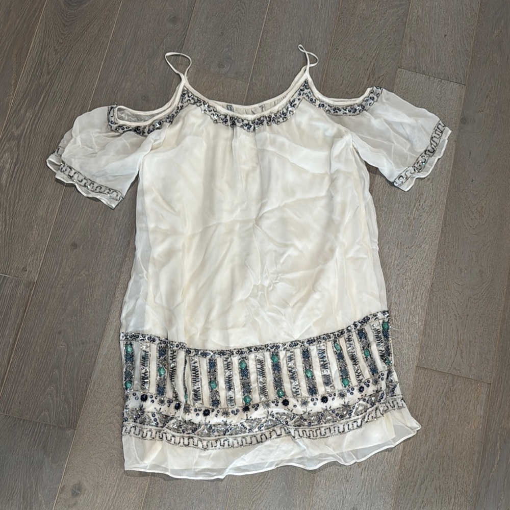 French Connection White Cold Shoulder Dress with Beaded Embroidery